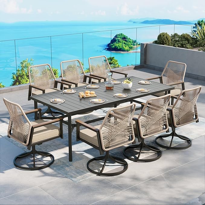 Patio Dining Set 9 Piece, 8 x Woven Rattan Swivel Chairs by SUNSHINEVALLEY