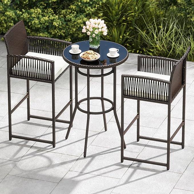 Tangkula 3 Piece Patio Bar Set, Outdoor Heavy Duty Wicker Bar Height Table & 2 - Image 2