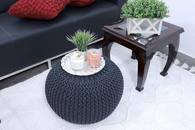 FRELISH DECOR Round Pouf Ottoman Hand Knitted 100% Cotton Pouf Foot Stool - Image 5