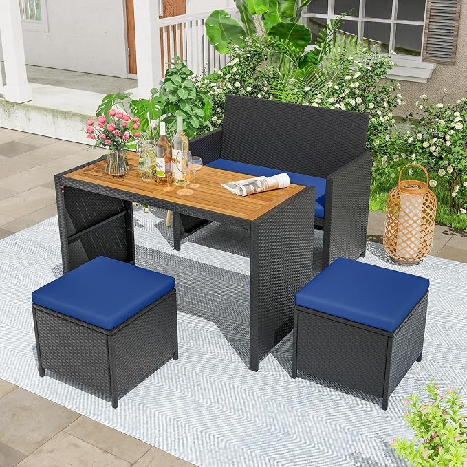 Tangkula 4 Pieces Patio Dining Set, Space Saving PE Rattan Loveseat - Image 3