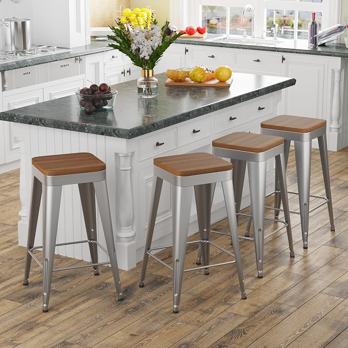 Bar Stools Set of 4 Metal Bar Stool Counter Height Bar Stools Sliver, Modern - Image 5