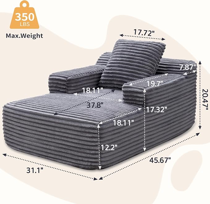 wanan 45.7" Chaise Lounge Chair Indoor, Corduroy Boneless Cloud Lounge Chair - Image 2