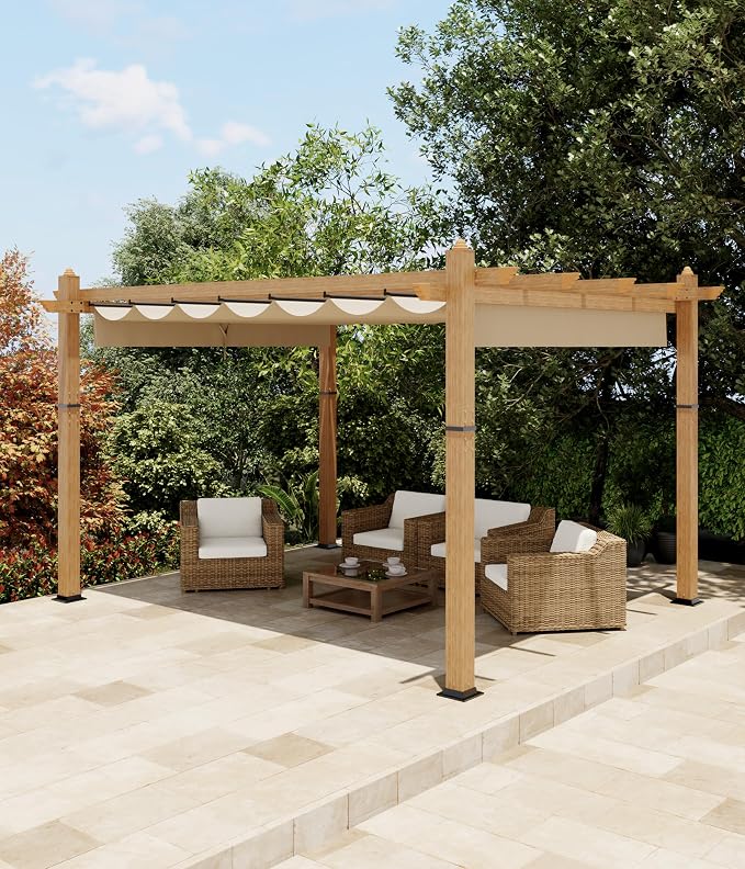 10x13 Ft Outdoor Pergola with Retractable Canopy Upgraded Aluminum Faux Wood - Image 2