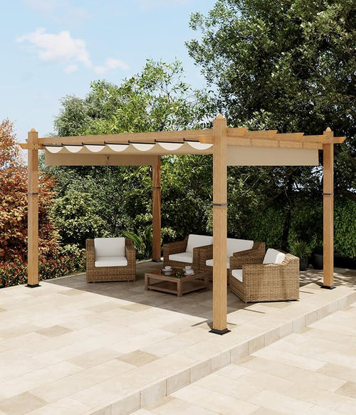 10x13 Ft Outdoor Pergola with Retractable Canopy Upgraded Aluminum Faux Wood - Image 2