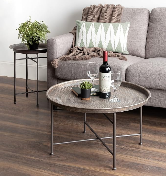 Kate and Laurel Mahdavi Boho-Chic Hammered Metal Tray Coffee Table, Brushed - Image 2