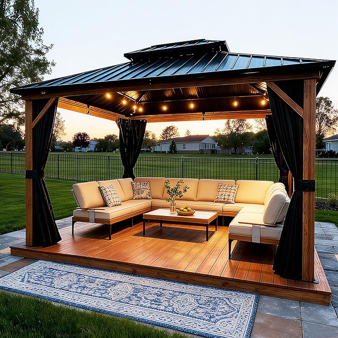 PURPLE LEAF 10' X 12' Hardtop Gazebo Outdoor Wood Grain Aluminum Frame by PURPLELEAF