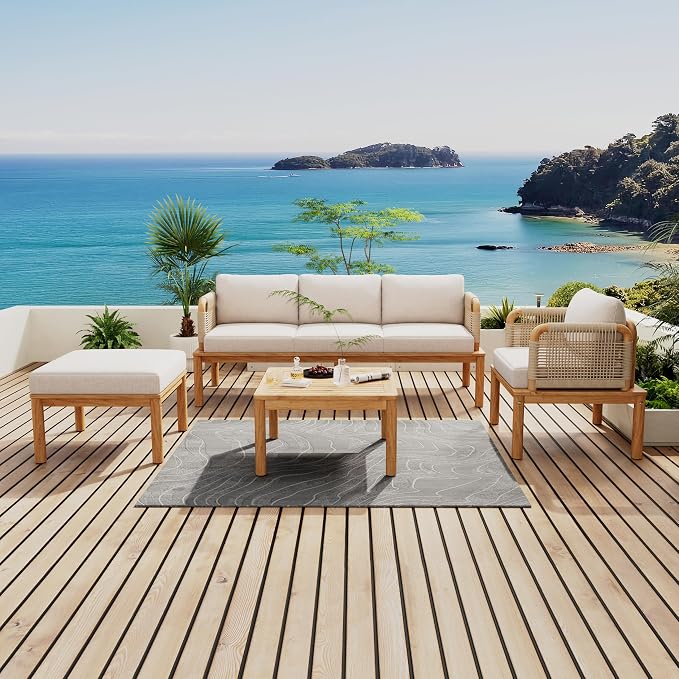 4-Piece Acacia Wood and Rope Patio Sofa Set, Outdoor Conversation Set - Image 2