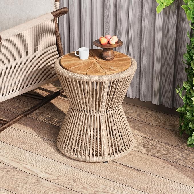 Scott Living Nara 18.9" Acacia Wood Outdoor Side Table, Metal Frame+Woven Rope by ScottLivingbyDrewJonathan