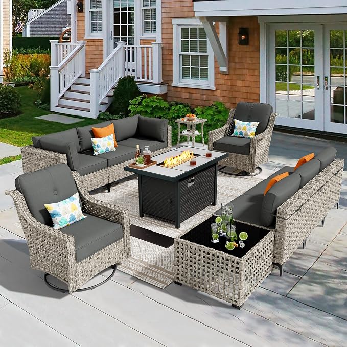 11 Pieces Outdoor Patio Furniture Set, Rattan Wicker Sectional Swivel Rocker by CAODOCPatioFurniture