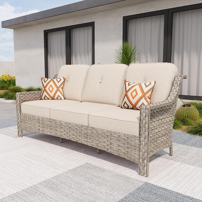 HOOOWOOO Patio Couch, Outdoor Wicker 3 Seater Sofa, All Weather Resistant High by DesignforBetterLife