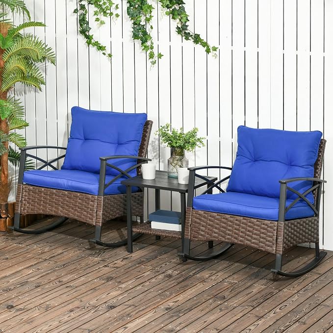 Outsunny 3 Piece Patio Rocking Chair Set, Outdoor Wicker Bistro Set - Image 2