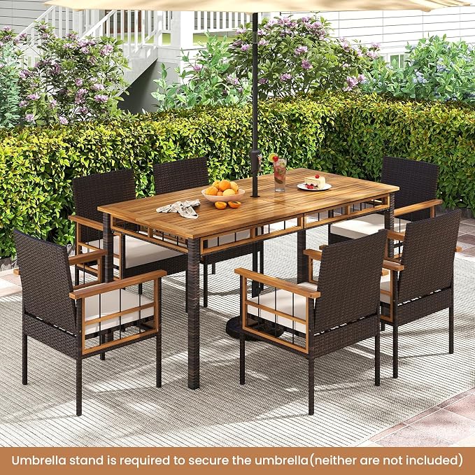 Tangkula 7 Pieces Wicker Patio Dining Set, Outdoor Acacia Wood Rectangular Table - Image 2