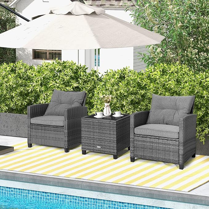Tangkula 3 Pieces Patio Furniture Set, Outdoor PE Rattan Conversation Chair Set - Image 4