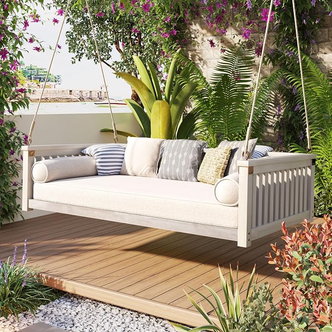 LUMISOL Twin Size Patio Swing Bed, Wooden Porch Swing Frame - Image 8