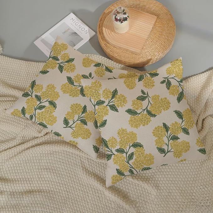 Mustard Yellow Spring Pillow Covers 16x16 Inch 2 Pcs Green Hydrangea Flower - Image 5