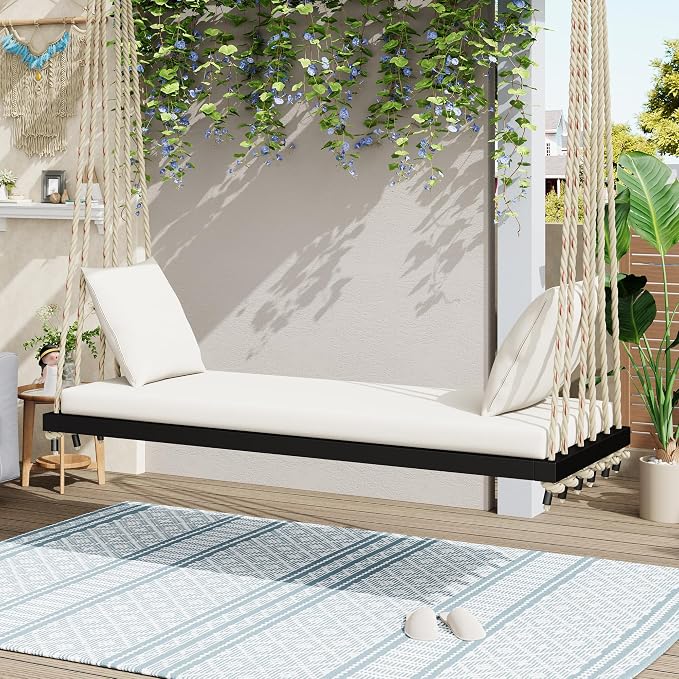 Merax Outdoor Patio Wooden Swing Chair, 2-Seat Hanging Porch Hammock Bench by Merax