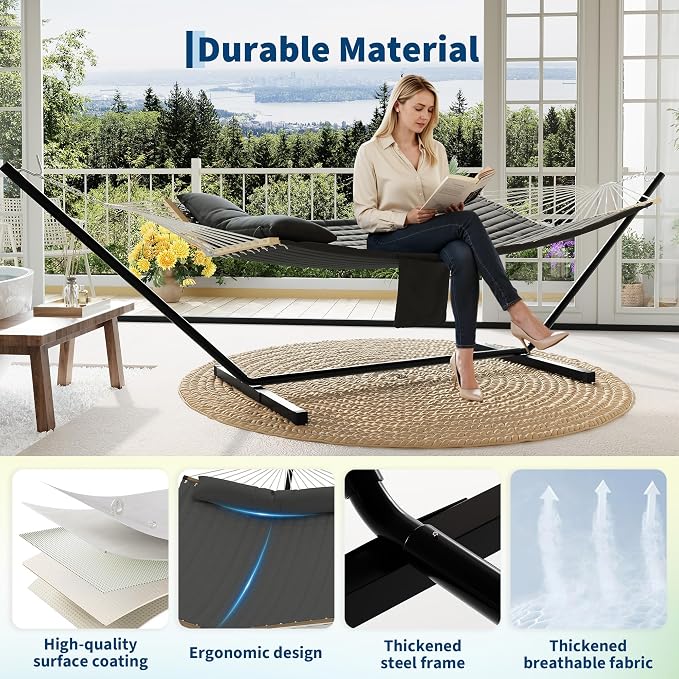 2 Person Double Hammock with Adjustable Steel Stand & Pillow, Heavy Duty - Image 4