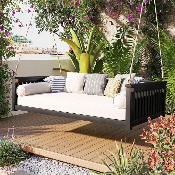 LUMISOL Patio Twin Size Garden Swing Bed, Wooden Porch Swing Frame by LUMISOL