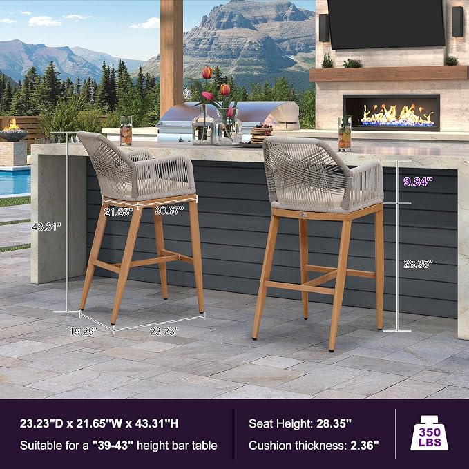 PURPLE LEAF Patio Sunbrella Bar Height Stools 28" H Set of 4 Boho Rattan - Image 2