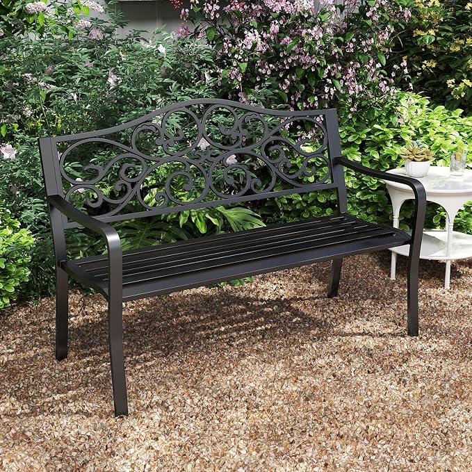 Tangkula 50 Inches Outdoor Garden Park Bench, Cast Iron Metal Patio Bench - Image 4