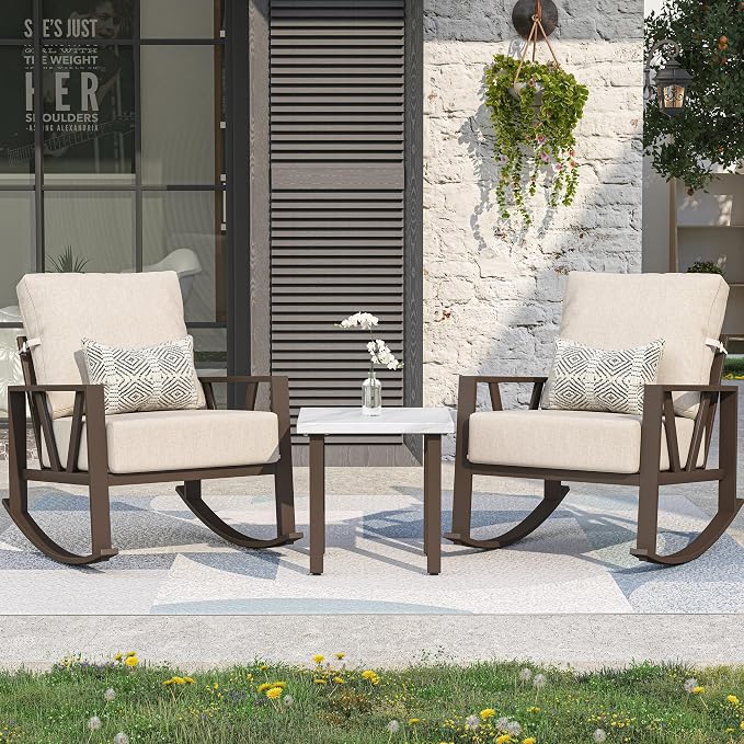 Outdoor Patio Rocking Chairs Set of 2, 3 Pieces Patio Porch Furniture Set by COMLAXFIELD