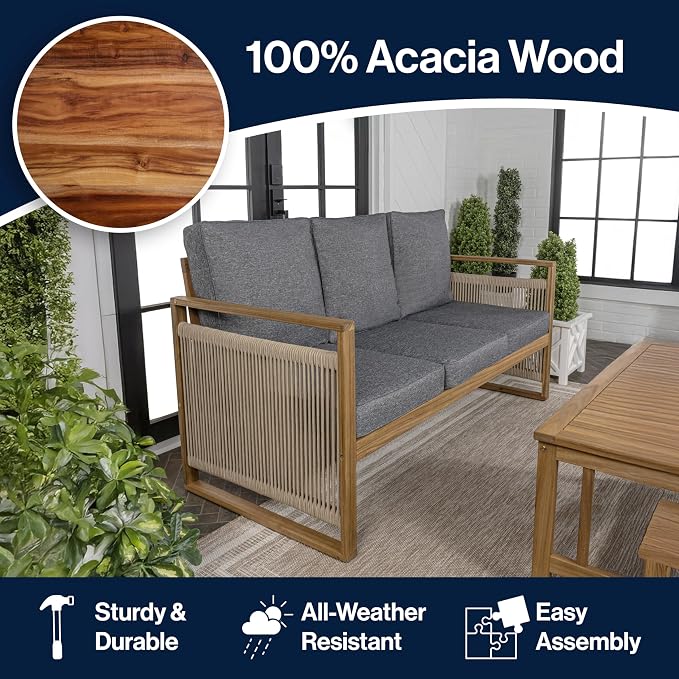 JONATHAN Y SFB1002B Gable 3-Seat Mid-Century Modern Roped Acacia Wood Outdoor - Image 6