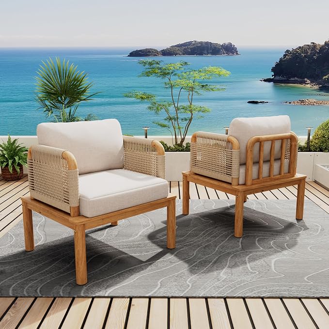 Outdoor Armchair Set of 2, Acacia Wood and Rope Club Chair by JIVOIT