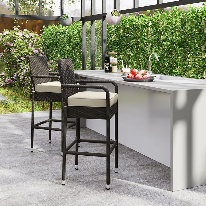 Yaheetech Outdoor Bar Stools Set of 2, Patio Wicker Chairs - Image 2