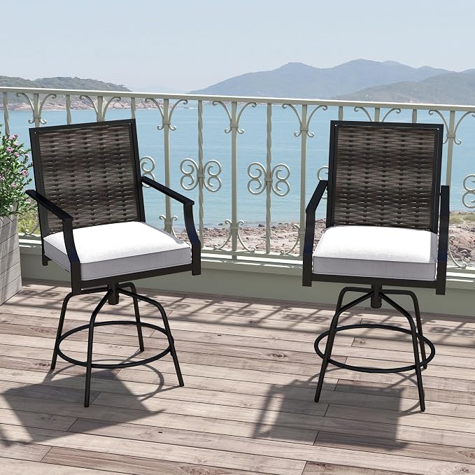 Tangkula Outdoor Wicker Swivel Bar Stools Set of 2, Counter Height Heavy Duty - Image 2