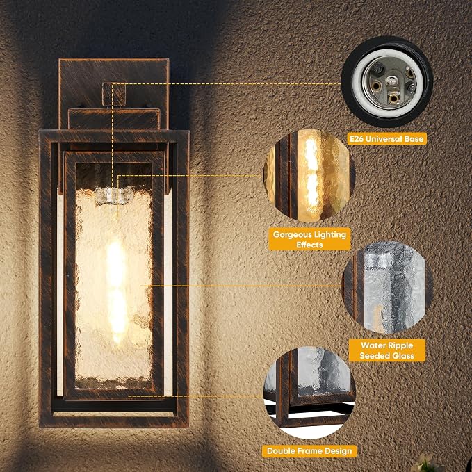 Water Ripple Exterior Porch Light Fixture, 2 Pack Outdoor Wall Lantern Black - Image 5