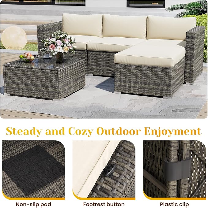 5 Piece Outdoor Patio Sectional Furniture Set, Weather Resistant Rattan Outside - Image 7