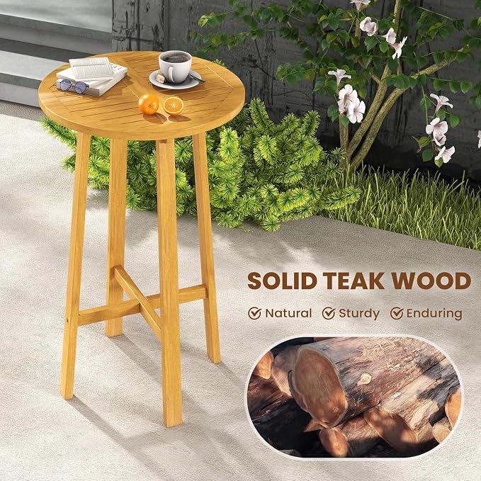Tangkula 3 Piece Patio Bar Set, Teak Wood Bistro Furniture - Image 3