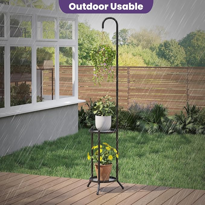 2-Tier Metal Plant Stand with Hanging Hook, Indoor Outdoor Plant Shelf - Image 3