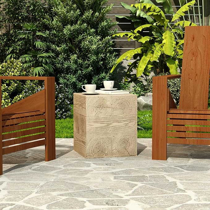 COSIEST Outdoor Side Table Faux Wood Patio End Table, Hand-Painted Wooden Plant - Image 4