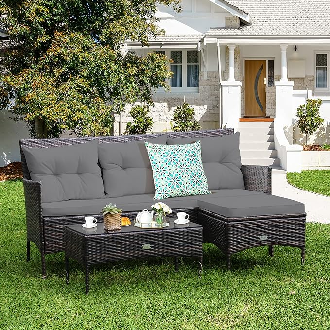 Tangkula 3 Pieces Patio Conversation Set, All Weather Outdoor PE Rattan Wicker - Image 4