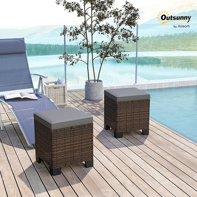 Outsunny 2 Pieces Outdoor Patio Ottomans, All Weather Wicker Outdoor Footstools - Image 2