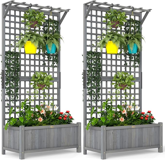 Outsunny Wood Planter with Trellis, Raised Garden Bed by Outsunny