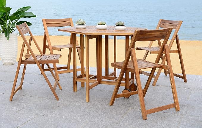SAFAVIEH Outdoor Collection Kerman Natural 5-Piece Foldable Patio Dining Set - Image 2
