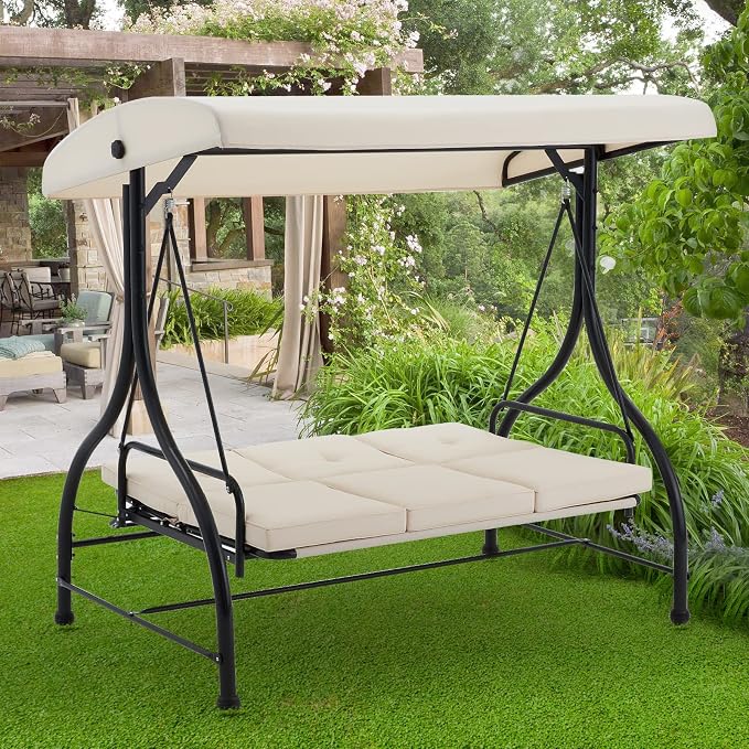 AECOJOY Porch Swing Chair, 3 Seats Porch Swing Adjustable Canopy Outdoor Swing - Image 6