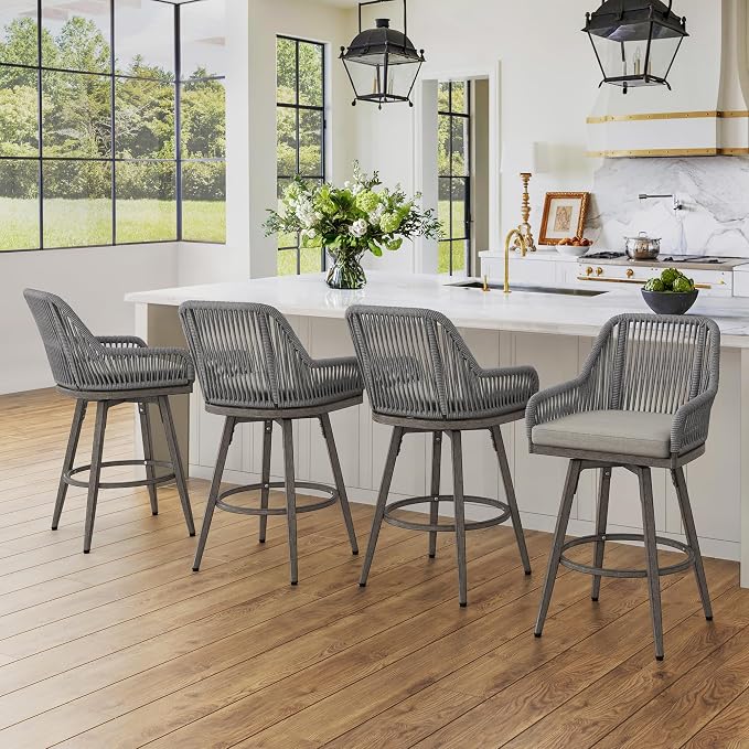 Outdoor Bar Stools Set of 3, 360° Swivel Aluminum Rattan Bar Stool - Image 3