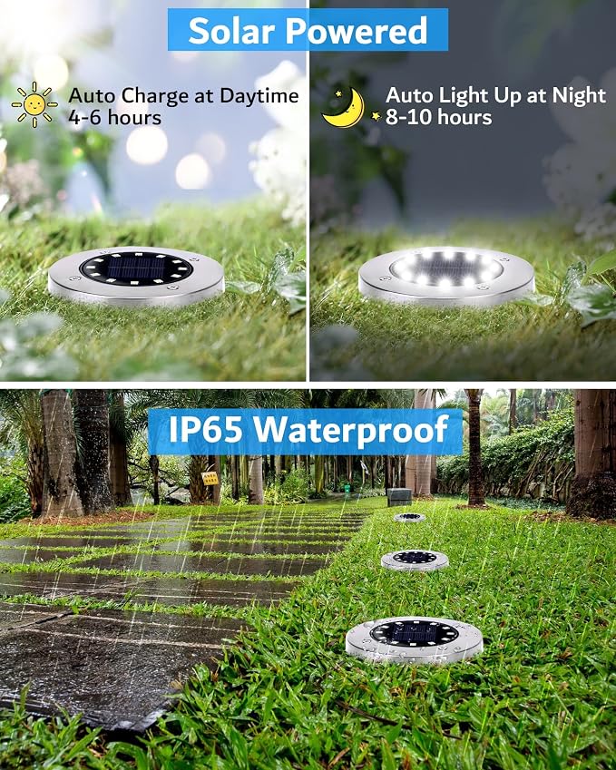 Biling Solar Ground Lights Outdoor 8 Packs, 12 LEDs Bright Flat Solar Lights - Image 3