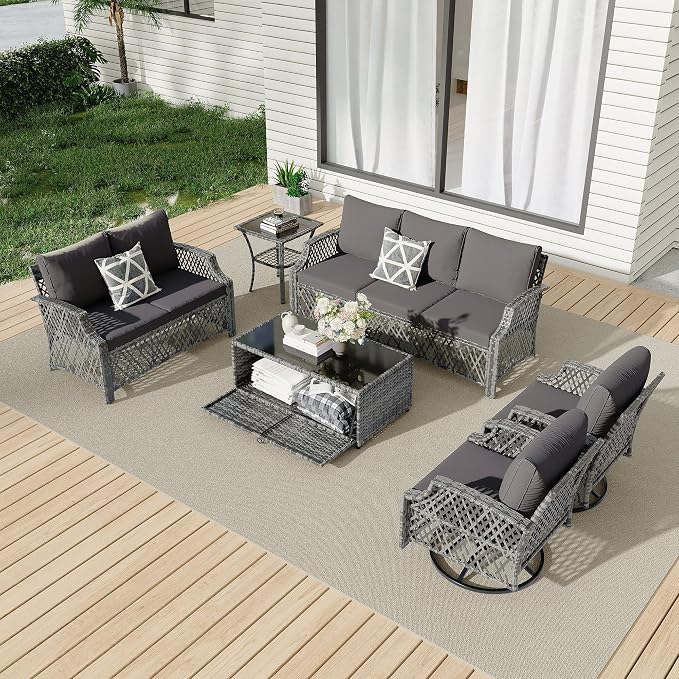 HOMREST 6 Piece Patio Furniture Set, Wicker Outdoor Conversation Sofa Set by HOMREST