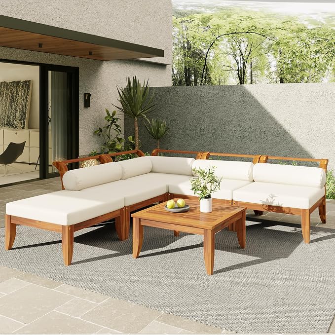 Merax 6 Pieces Patio Furniture Set, Outdoor L-Shaped Sectional Sofa Set by Merax