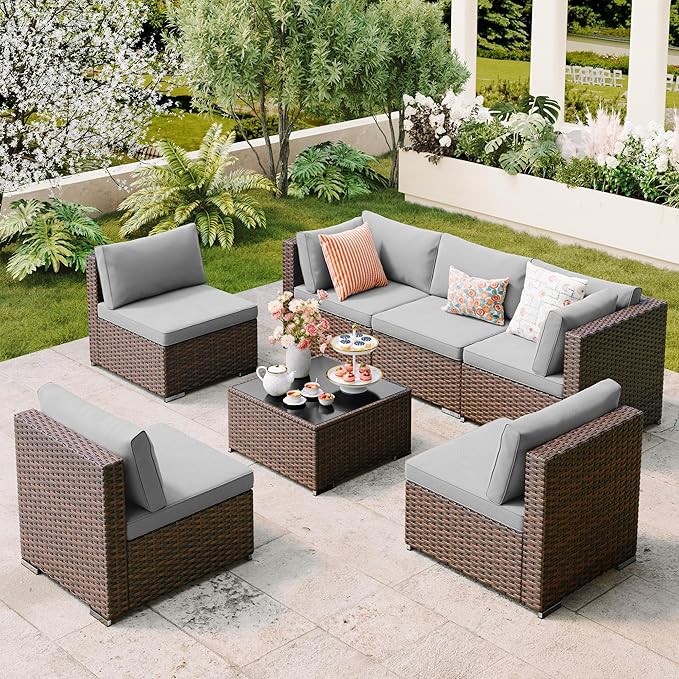 7 Pieces Outdoor Patio Furniture Set, PE Rattan Outdoor Wicker Sectional by Qsun