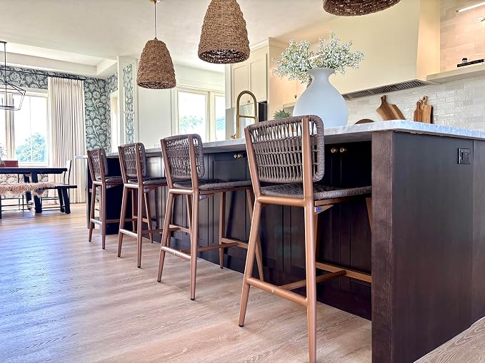 PURPLE LEAF Bar Stools Set of 4 Patio Wicker Bar Height Metal Chairs Boho High by PURPLELEAF