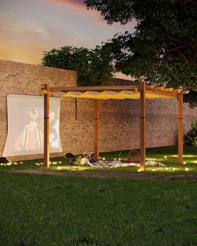 10x13 Ft Outdoor Pergola with Retractable Canopy Upgraded Aluminum Faux Wood - Image 7
