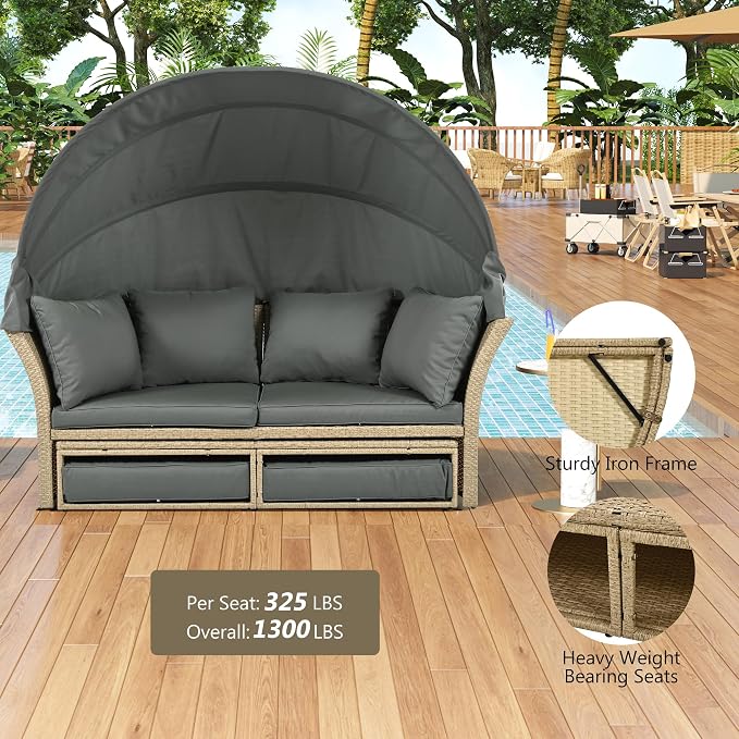 Outdoor Patio Daybed Wicker Rattan Double Daybed Round Sofa Furniture Set - Image 7
