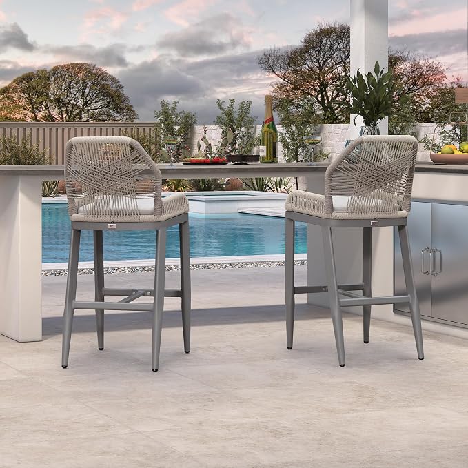 PURPLE LEAF Patio Bar Stool Bar Height Set of 2 Outdoor Rattan Chairs - Image 3