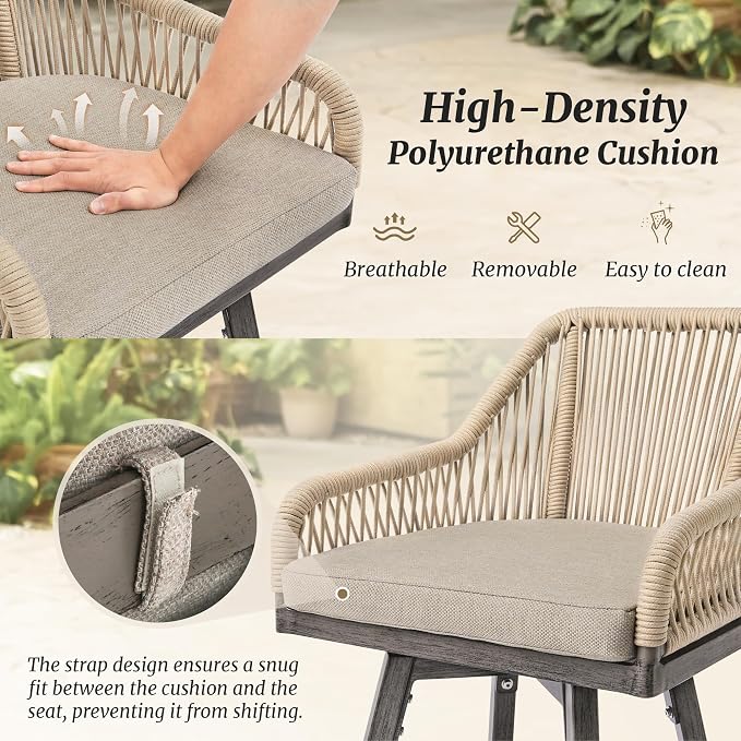 Outdoor Bar Stools Set of 2, 360° Swivel Aluminum Rattan Bar Stool - Image 5