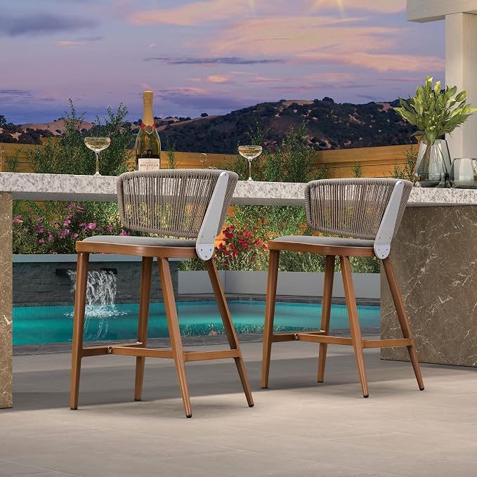 PURPLE LEAF Outdoor Counter Height Stools Set of 2 Patio All-Weather Rattan Bar by Unknown